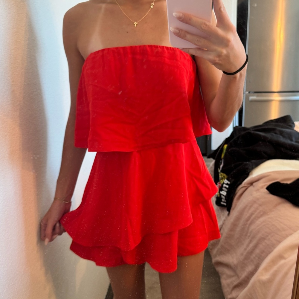 Red Strapless Ruffle Dress